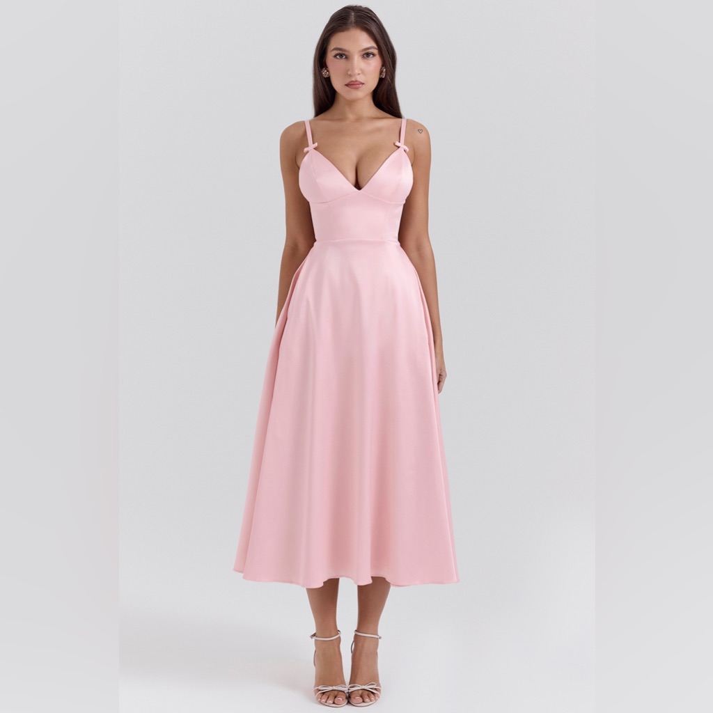 House Of Cb Tiffany Parisian Pink Satin A-Line Midi Dress